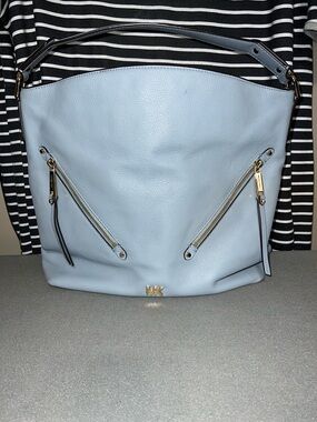 Michael Kors Pale Blue Leather Shoulder Hobo with Gold Hardware